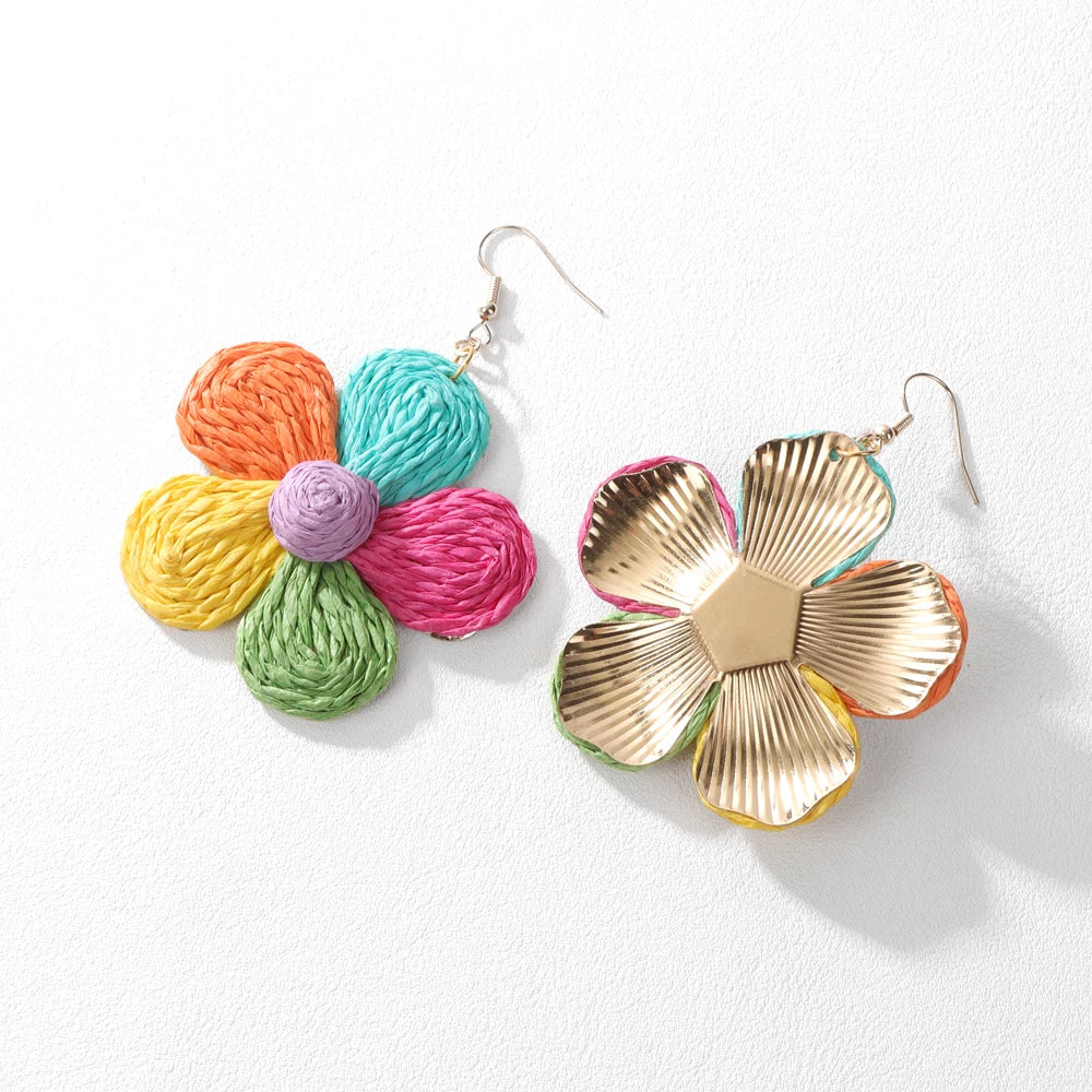 Boho Colorful Raffia Drop Earrings for Women Handmade Geometric Flower Rattan Pendant Earrings Summer Beach Cute Jewelry Gift