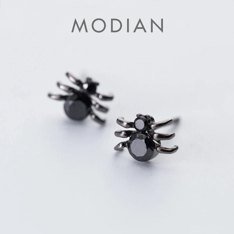 Modian Rock Black Zircon Fashion Spider Stud Earrings for Women Ear Studs Jewelry for Girls Kids 925 Sterling Silver Jewelry