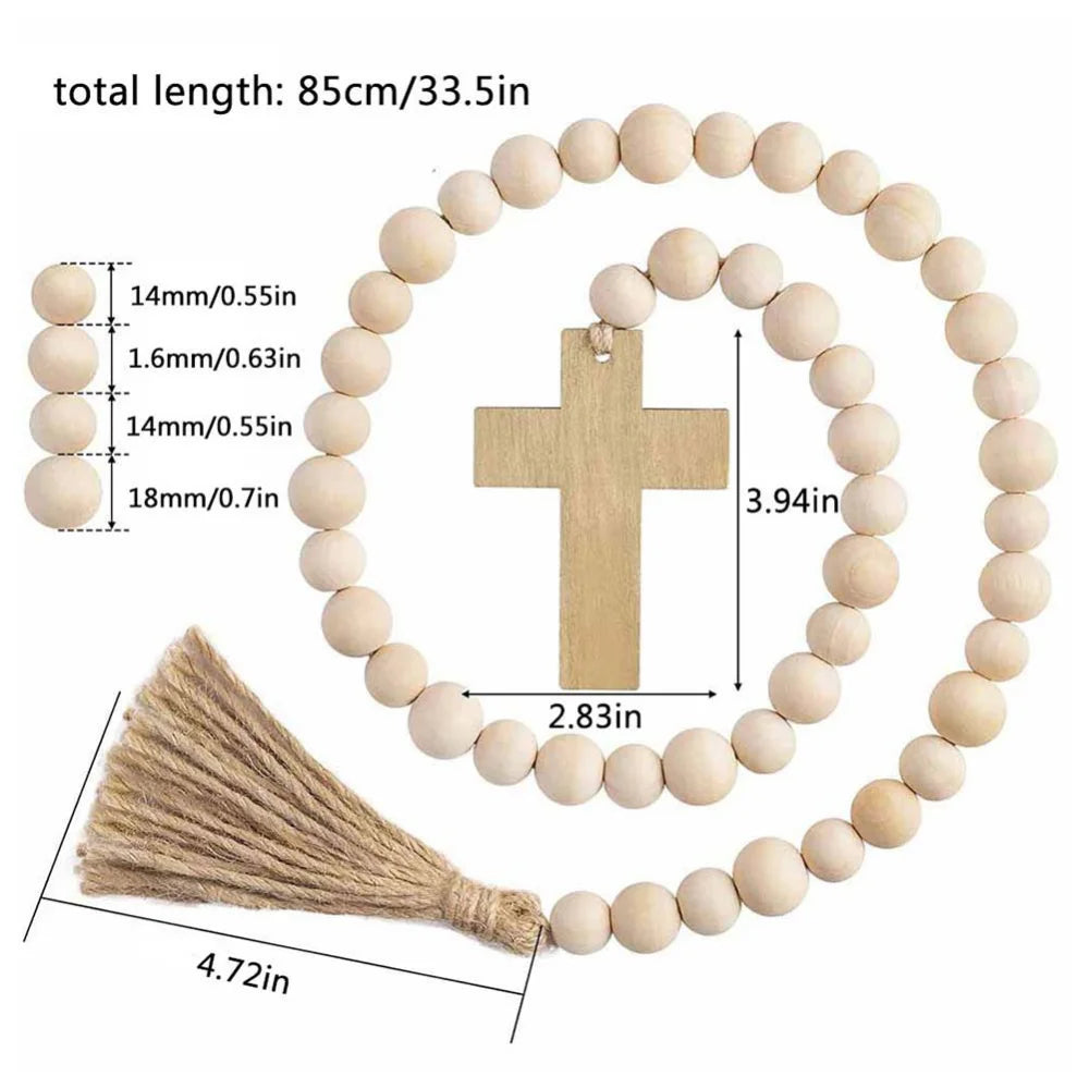 Wood Bead Garlands With Cross Farmhouse Natural Wood Beads Garland Decor For Tiered Tray Rustic Christmas Ornaments