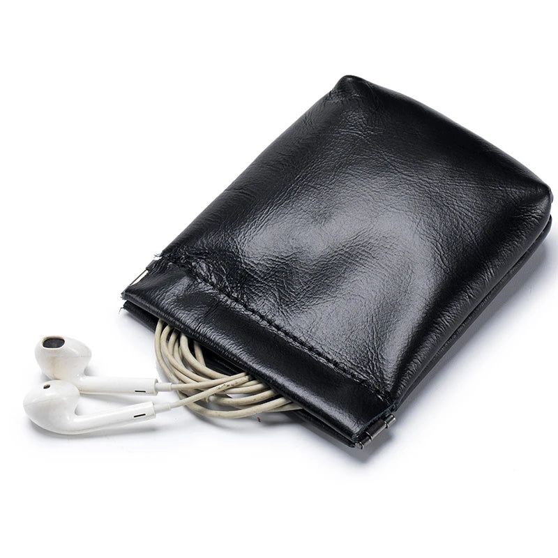 Cowhide Coin Purse Spring Sheet Automatic Closure Small Change Pouch Earphones Data Cable Storage Bag Mini Wallet for Women Men