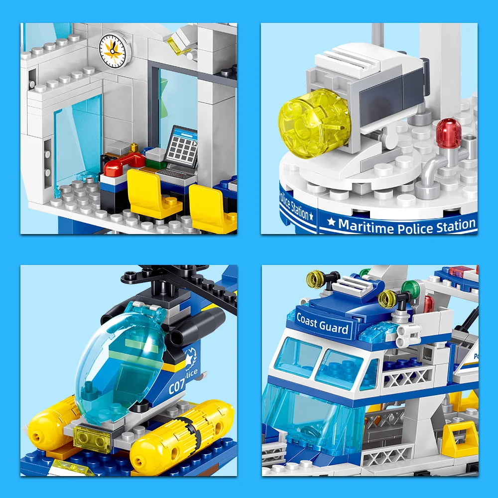 City Ocean Police Station Building Blocks Set,Police Station/Helicopter/Search Boat/Speed Boat,STEM Toys for Boys Ages 6 and Up