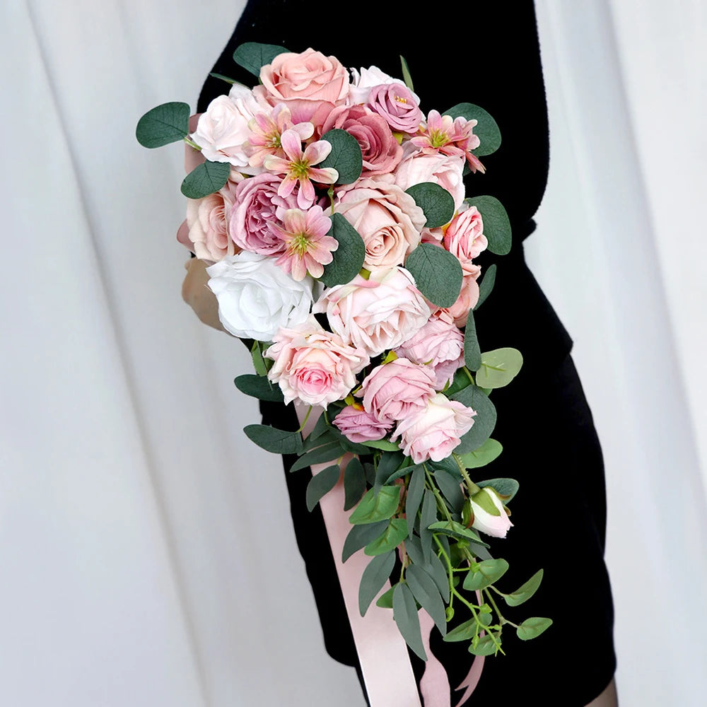 Tejesa Rustic Cascading Wedding Bouquets for Bride /Artificial Flower Waterfall Bridal Bouquet for Wedding