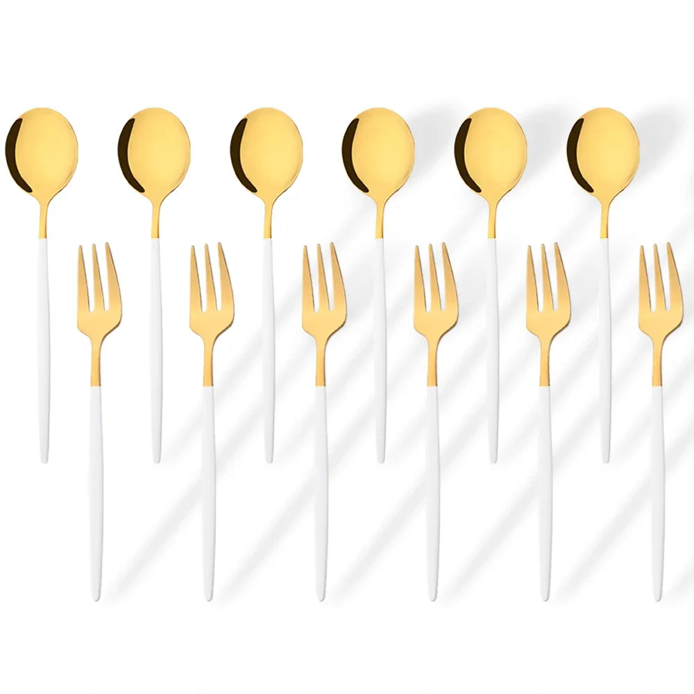 Hemasa 12Pcs Stainless Steel  Gold Fork Spoon Set/ Cake Fork Snack Salad Coffee Fruit Fork Spoon Cutlery Kitchen Dinnerware Set