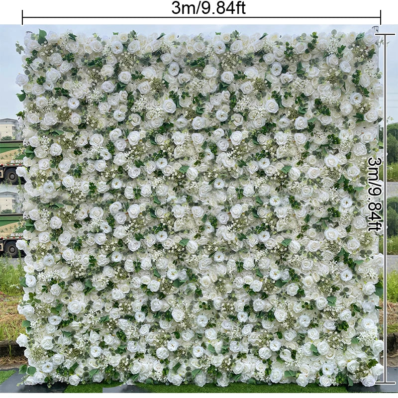 Rose Hydrangea Green Leaf Artificial Flowers Wall Cloth White Roll Up Curtain Hang Floral Wedding Event Backdrop Decor Props