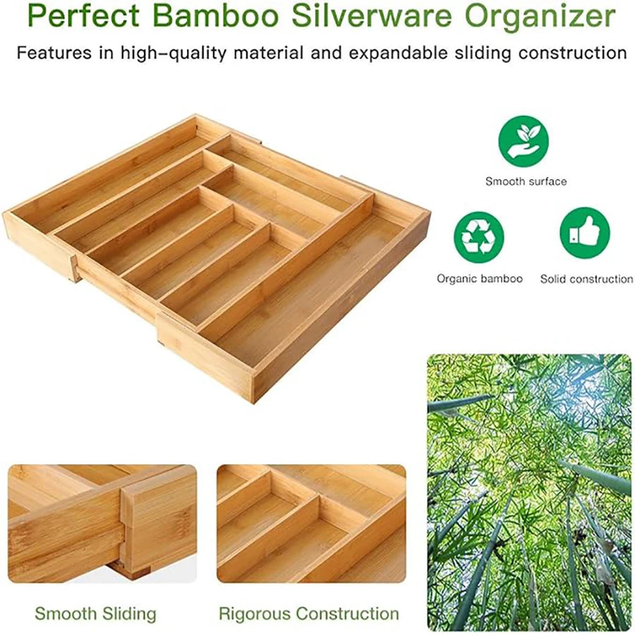 Hemasa Bamboo Cutlery Rack Expandable Drawer Organizer, Adjustable Cutlery Tray, Wooden Cutlery Drawer Divider Organizer