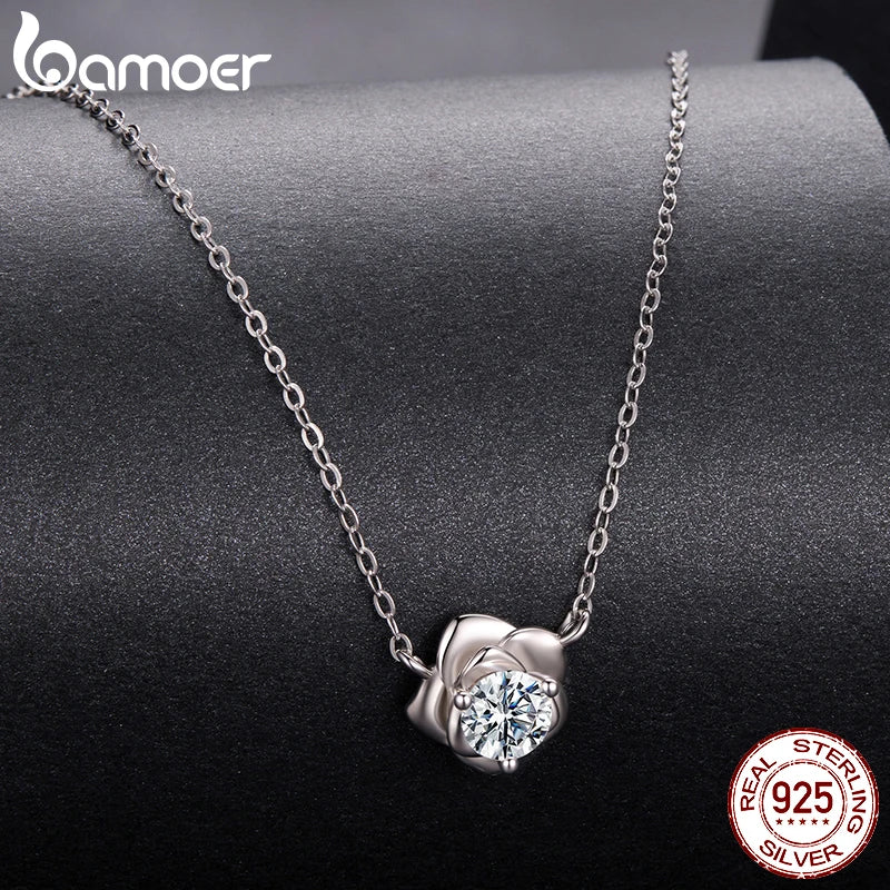 BAMOER 0.5CT Moissanite Rose Flower Pendant Necklace 925 Sterling Silver Round Cut Diamond O-Chain for Women Valentine's Day