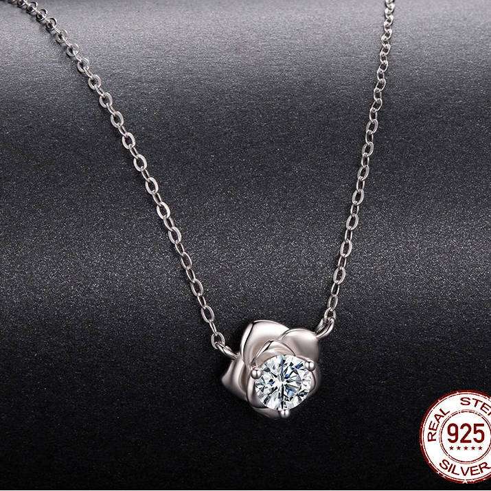 Tejesa 0.5CT Moissanite Rose Flower Pendant Necklace/ 925 Sterling Silver Round Cut Diamond O-Chain for Women Valentine's Day