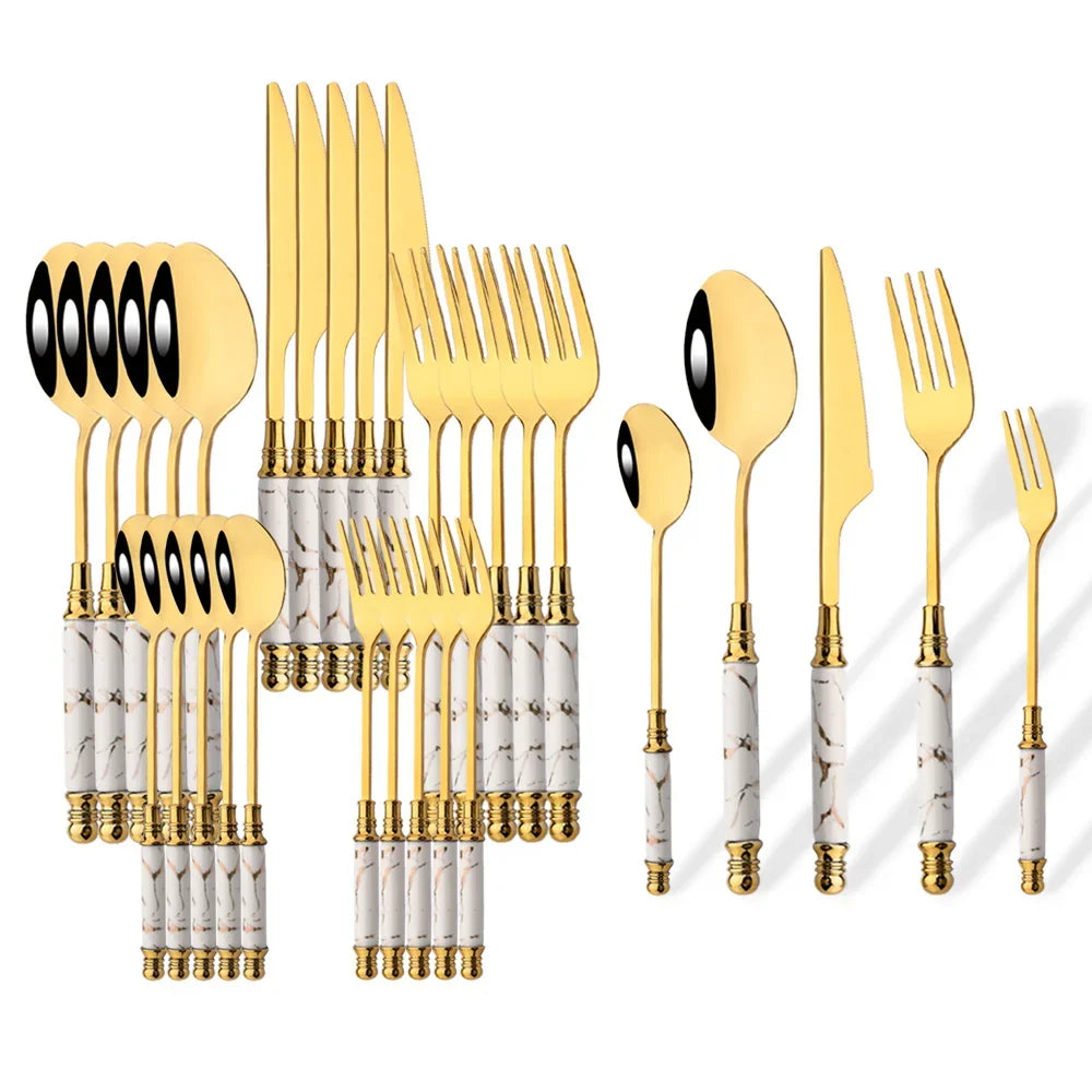 Hemasa 30Pcs   Ceramic Handle Tableware Forks and  Spoons  Knife Set Stainless Steel Dinnerware Cutlery Set