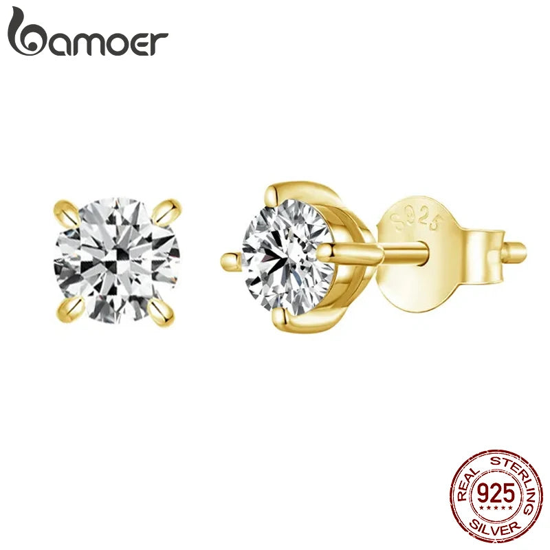 BAMOER Gold Plated Round Moissanite Stud Earrings for Women, 925 Sterling Silver Classic Engagement Wedding Jewelry Gift MSE038