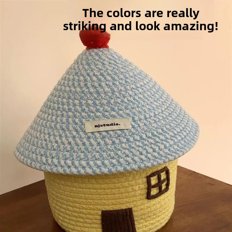 Tejesa Large Capacity  Woven Basket with Lid Cartoon House aped Storage Container Fun Desktop Organizer Basket for Home Use