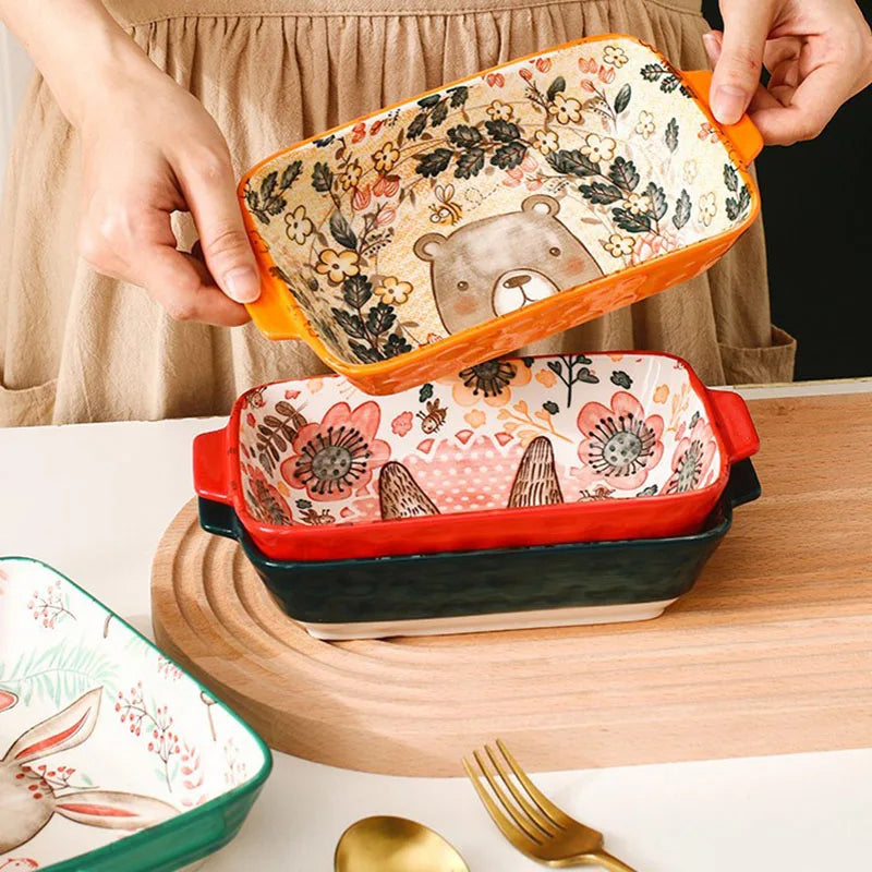 Hemasa Ceramic Bakeware With Handle Forest Animals Baking Pan  Underglaze  Kitchen Tableware Salad Bowl Au Gratin Dishes