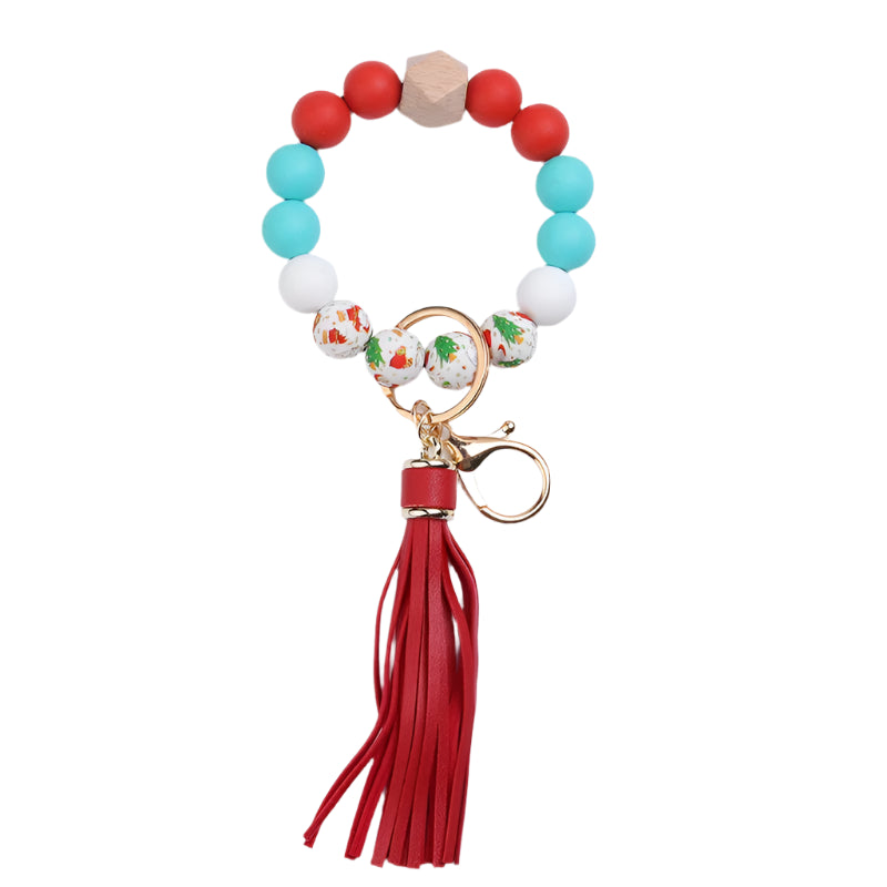 Hemasa Green Christmas Tree Silicone Bead Keychain Red Tassel Bracelet Keyring Accessories Woman Man Bracelet Gifts Bag Pendant