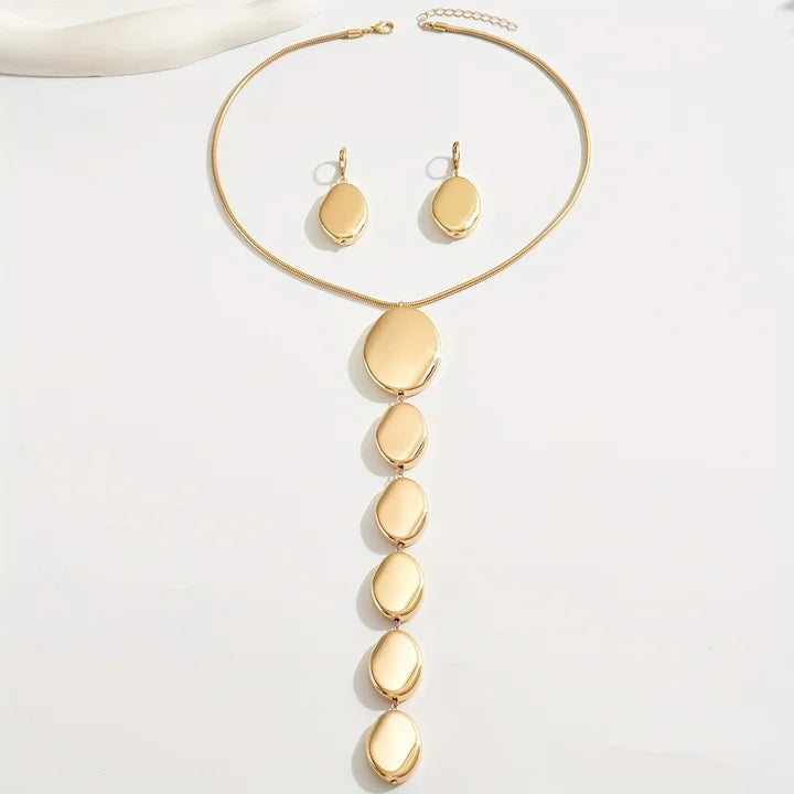 2-Piece Set Fashion Minimalist Earrings Necklace Jewelry Set Smooth Pendant Long Y-Shape Metal Style Jewelry Set
