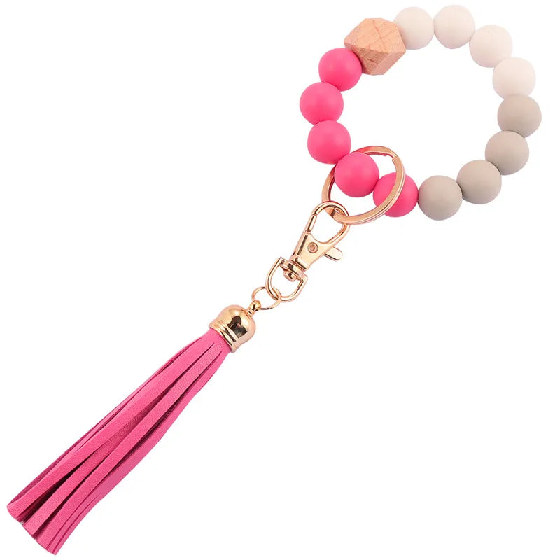 Hemasa  Silicone Wood Beads Keychain Keyring For Women Wristlet Bracelet Pendant Keychain With Jewelry Accessories
