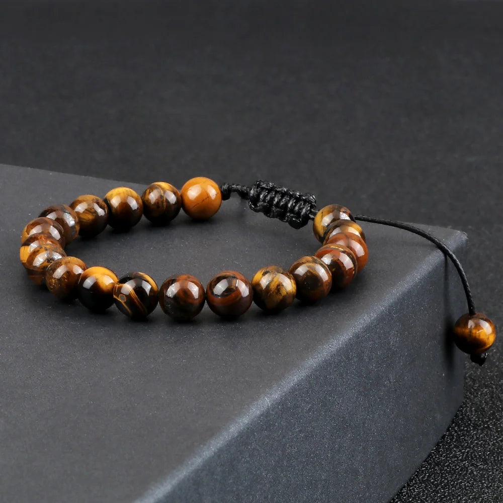 Hemasa 8mm Tiger Eye Stone Beads Bracelet Adjustable Braided Rope Bangles/ Natural Lava Rock Men Women Yoga Healing Balance Bracelets