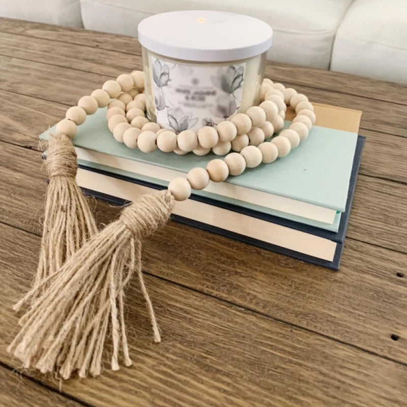 Wood Bead Garland with Tassels Rustic Decor Prayer Boho Beads Hanging Decor