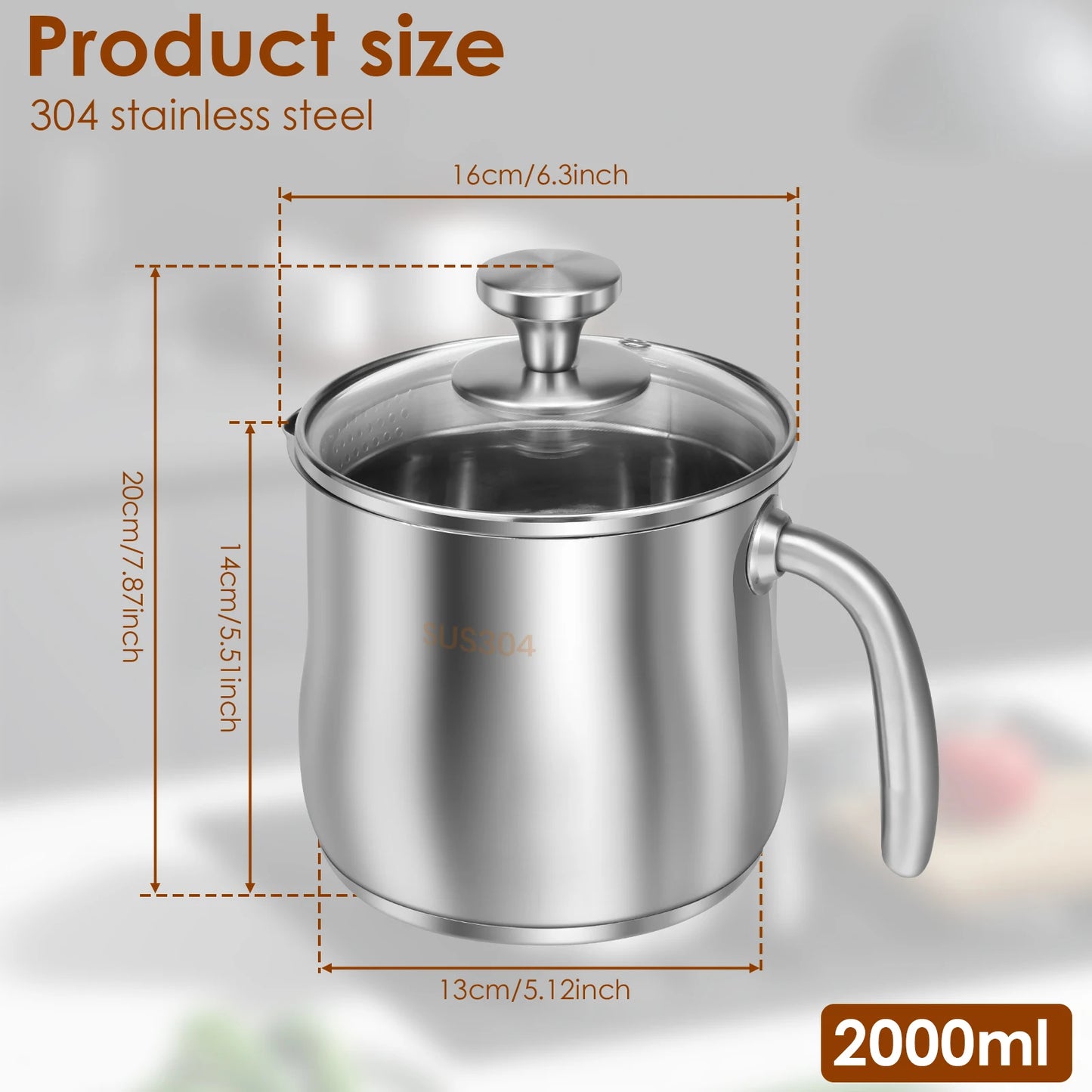 Tejesa 2000ml Saucepan Stainless Steel Pot High-capacity Kettle Home Cooking Pot for Baby Complementary Food Congee Noodles Dessert