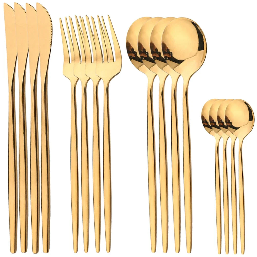 Hemasa 16Pcs Cutlery Set Stainless Steel Mirror TablewareDinner Black Gold Dinnerware Set Knife Fruit Fork Spoon Silverware Kitchen
