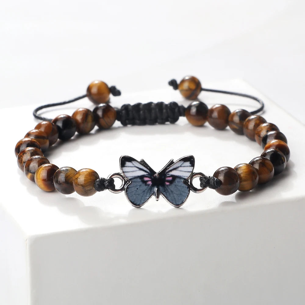 Hemasa Grey Butterfly Beaded with Tiger Eye Agates Lava Stone Woven Bracelets & Bangles for Women Handmade Healing Jewelry