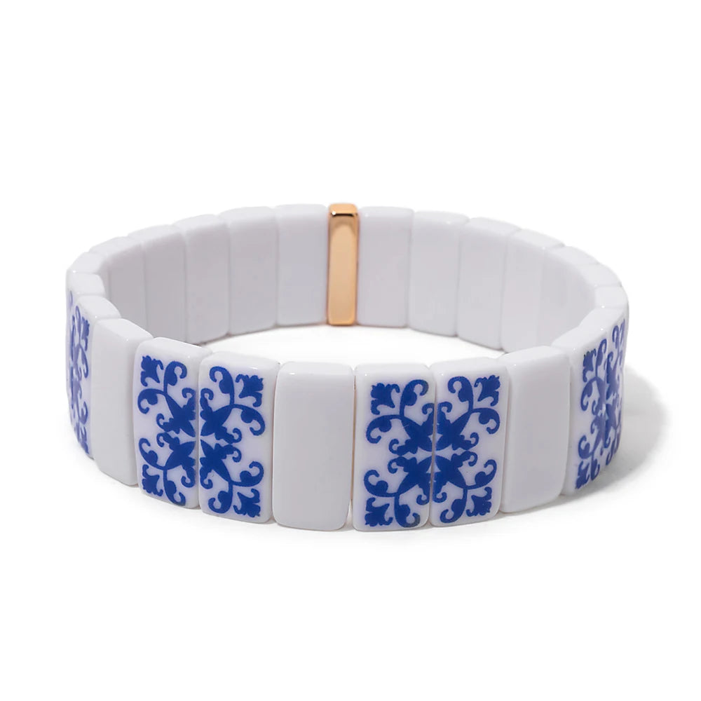 8x16mm Plastc Chinese Blue and White Porcelain Texture Beaded Bracelets For Women Handmade Spring Hand Accessory