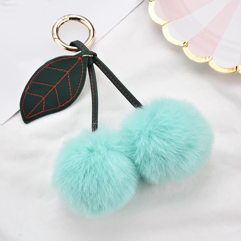 New Fashion Plush Cherry Keychains for Women Girls Fluffy Cartoon Rabbit Fur Ball Pompom Leaf Key Chains Rings Keyring Bag Gifts