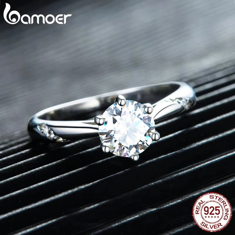 BAMOER D Color VVS1 EX Moissanite Ring 1ct Round Moissanite Diamond Solitaire Engagement 925 Sterling Silver Rings For Women