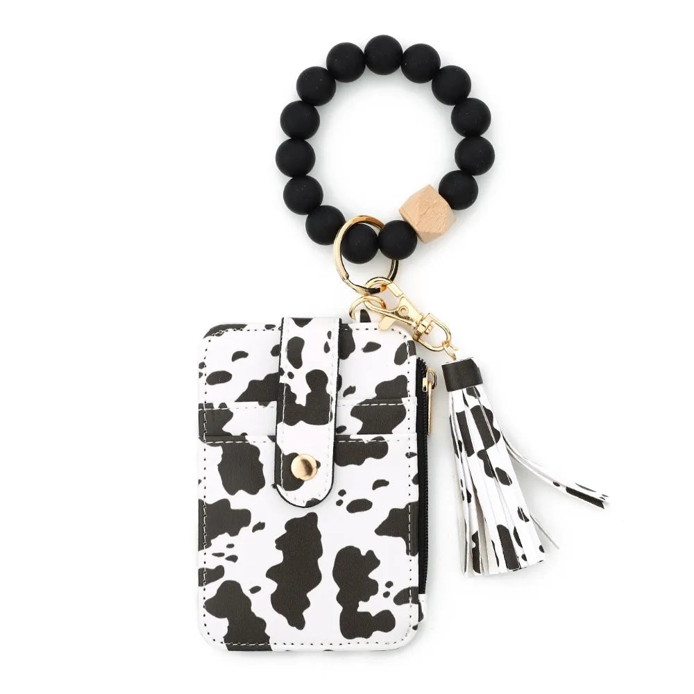 Hemasa Bohemian Style Card Holder Bracelet Keychain Floral Design Faux Leather Beaded Tassel Keychain Tassel Beaded Detail