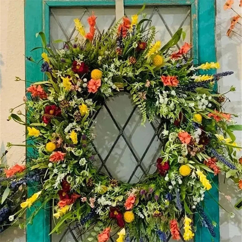 Artificial Wreath Hanging Decor Spring Summer Front Door Wreath Simulation Flower Wreath Decoration Windows Decoration Christmas