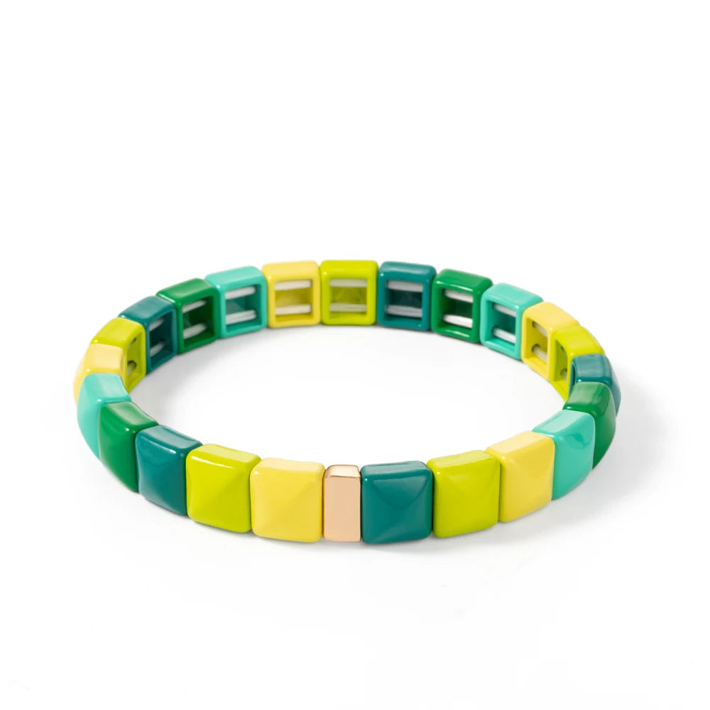 Tejesa Colorful Enamel Square Shape Rhombus Faced Bohemain Geometric Elastic Bracelets For Women