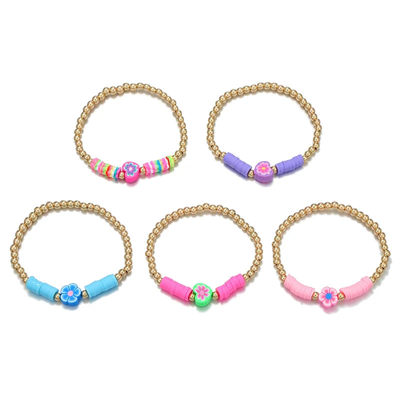 Hemasa 5Pcs/set Handmade Flower Heart Shape Polymer Clay Beads Bracelets  for  Girls