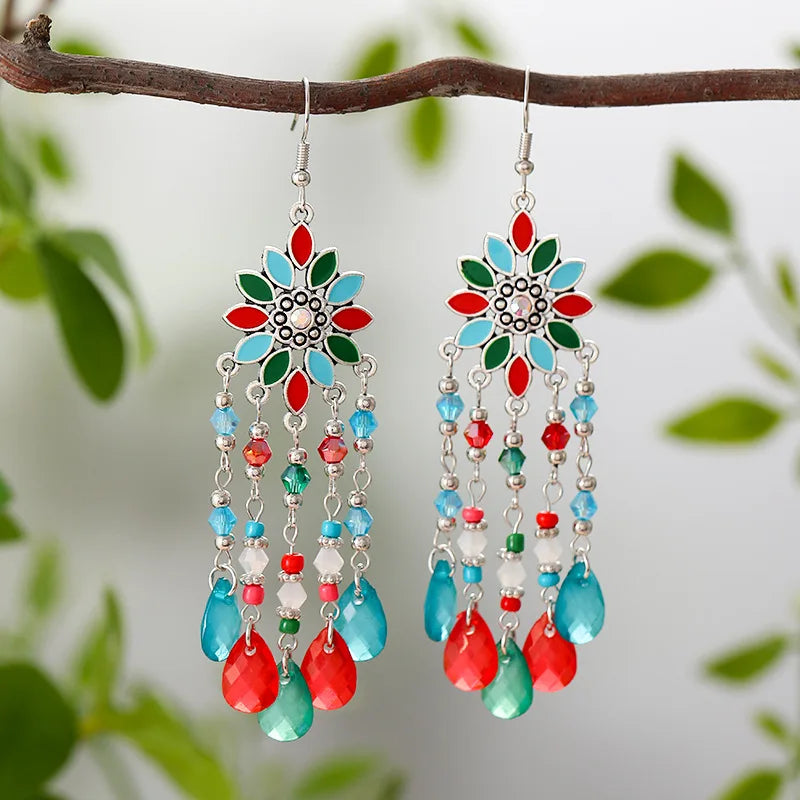 Hemasa Flower Drop Dangle Earrings For Women Enamel Crytal Geometric Jewelry Beads Handmade Tassel Earings