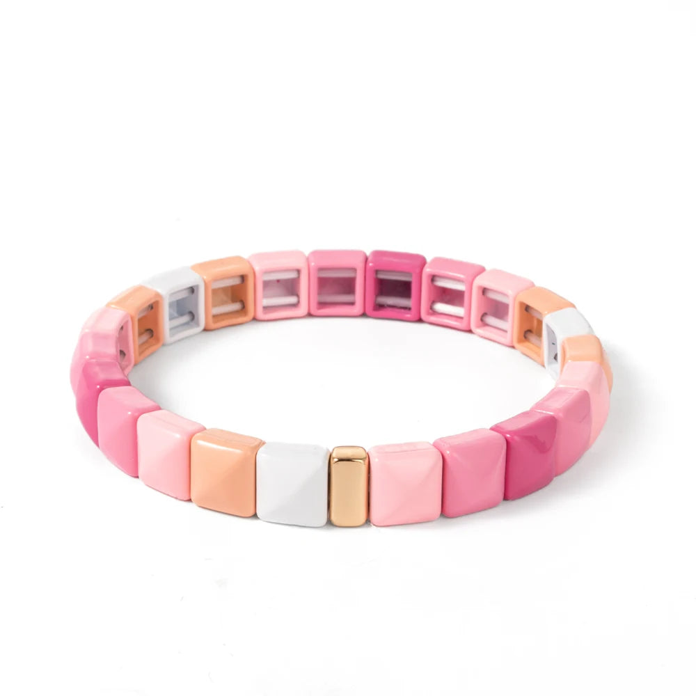 Tejesa Colorful Enamel Square Shape Rhombus Faced Bohemain Geometric Elastic Bracelets For Women