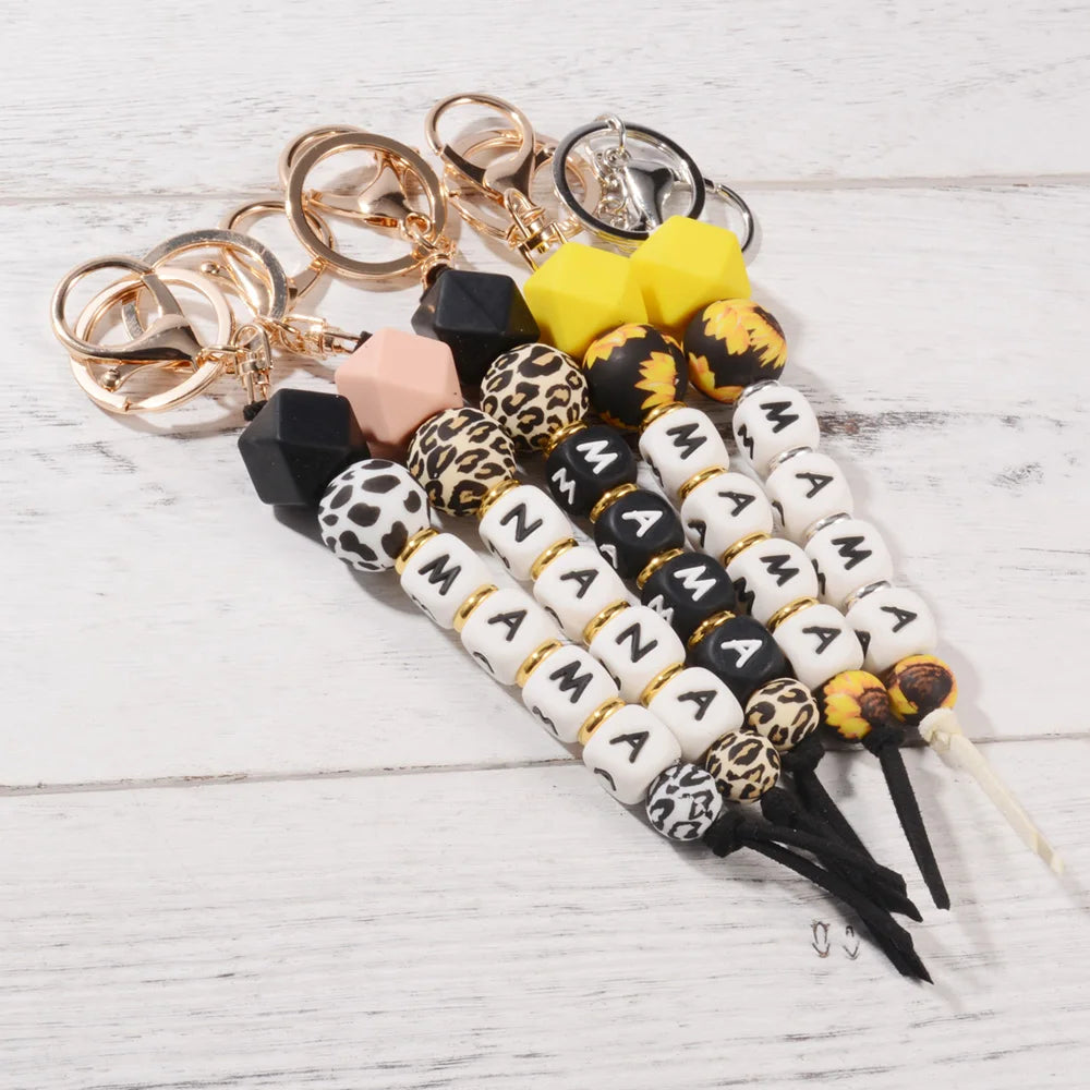 Hemasa  Leopard Print Silicone Beads Keychain Key Ring Sunflower Tassel Pendant Mom Charm Mother's Day Gifts Accessories