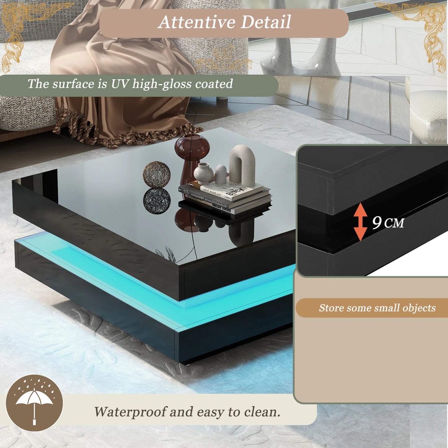 Square High Gloss Coffee Table with 360° Rotating Top,Tea Table with 16-Color LED Light,Centre Table Home Furniture 70x70x36 cm