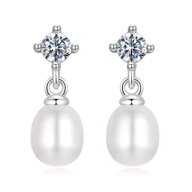 BAMOER White Gold Plated Moissanite Freshwater Pearl Earrings for Women, 925 Sterling Silver Elegant Stud Huggies Christmas Gift