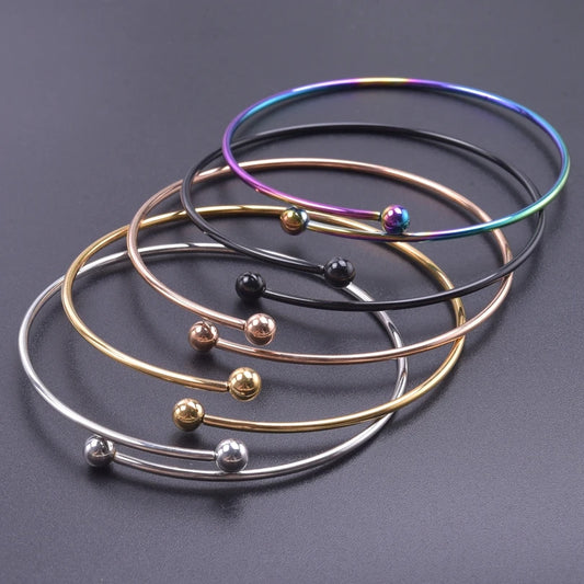 Minimalist Fashion Smooth Beads Open Adjustable Bangle Stainless Steel Bracelet For Women Femme Handmade Jewelry Gifts Supplies