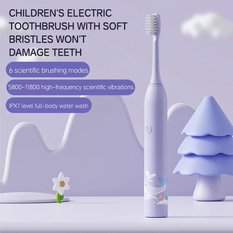 Kid's Electric Toothbrush With Replacement Heads Color Cartoon Soft Hair Cleaning Children Brush Rechargeable Sonic Toothbrush