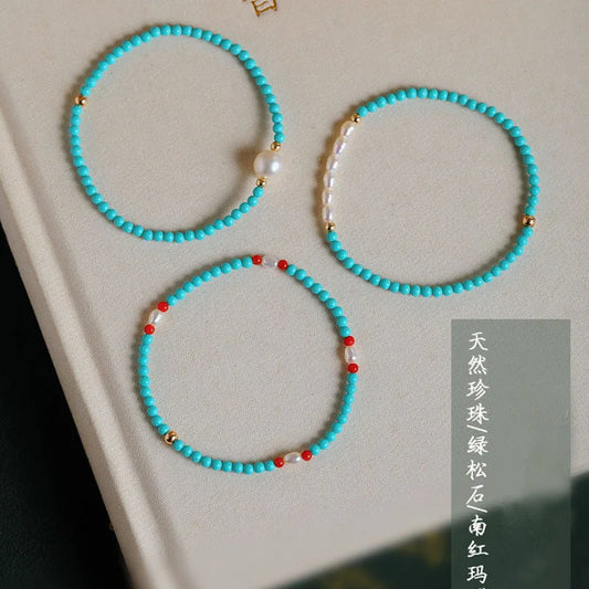 Minar Unusual Multiple Rice Freshwater Pearl Red Agate Turquoise Natural Stone Beads Beaded Strand Bracelets for Women Female