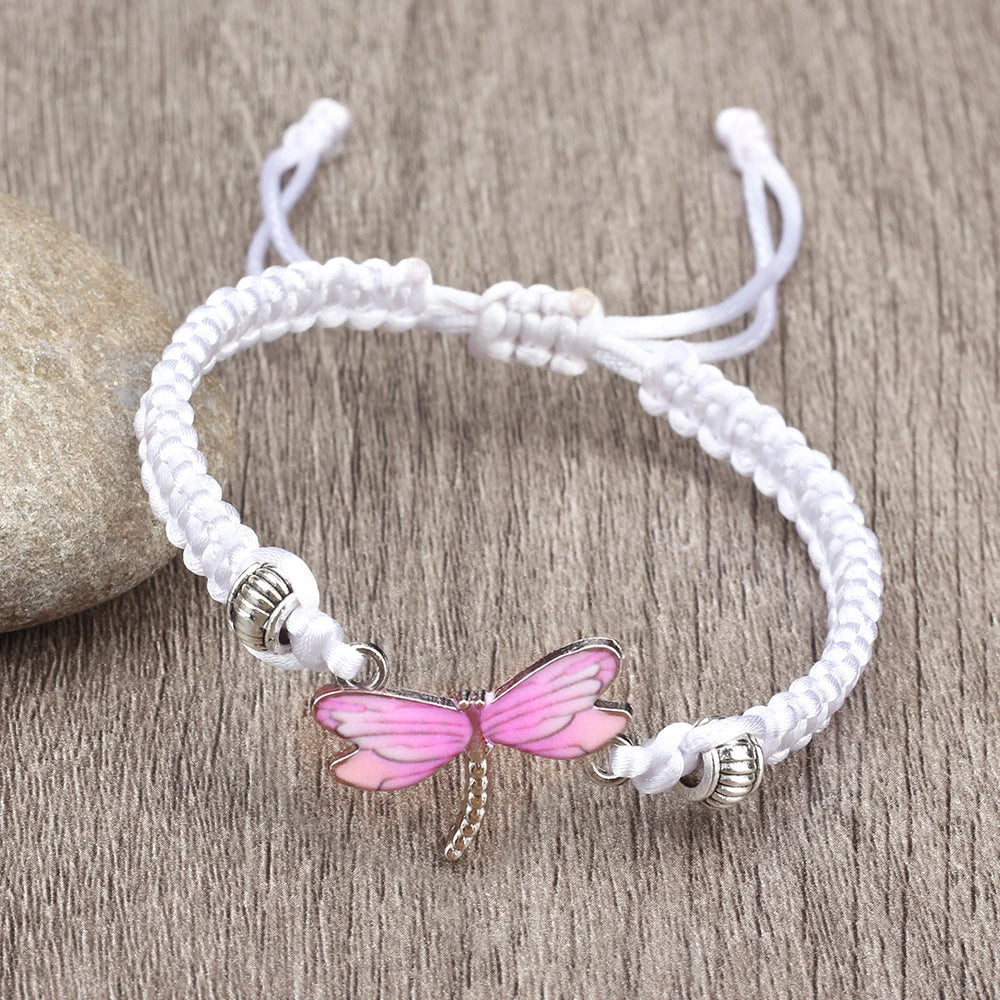 Handmade Weave Lucky Rope Bracelets For Women Pink Dragonfly Pendant Bracelets Men Adjustable Size Bangles Couples Wrist Jewelry