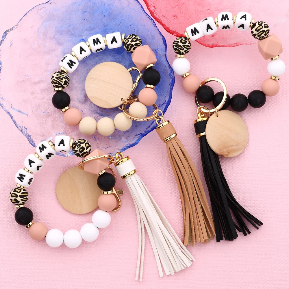 Hemasa Mother's Day Gift Leopard Silicone Bead Key Chain Letter MAMA Beaded Wristlet Keychain With Wood Disc Leather Tassel Key Ring