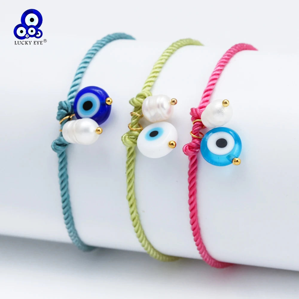 Lucky Eye Braided Rope Bracelet Adjustable Turkish Evil Eye Freshwater Pearl Bead Bracelet for Women Men pulseras bijoux צמידים