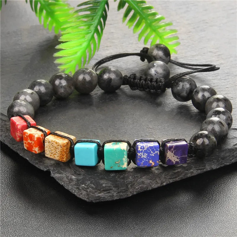Tejesa Square Beads 7 Chakra Wrap Bracelets For Men Adjustable Braided Bracelet Green African Stone Lava Labradorite Handmade Jewelry