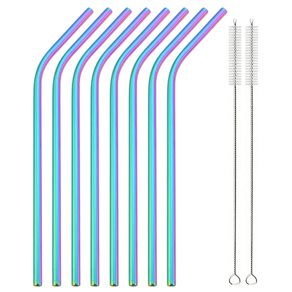 Hemasa 8pcs Stainless Steel Bent Straws Set Reusable Straws for Drinking Fruit Juice Milk Tea Coffee Colorful Straw with Cleaning Brush