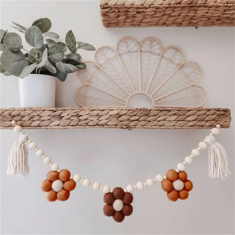 Bohemian Wool Felt Daisy Flower String Wooden Beads Garlands Baby Kids Room Wall Hanging Home Decor Nursery Decor Photo Props