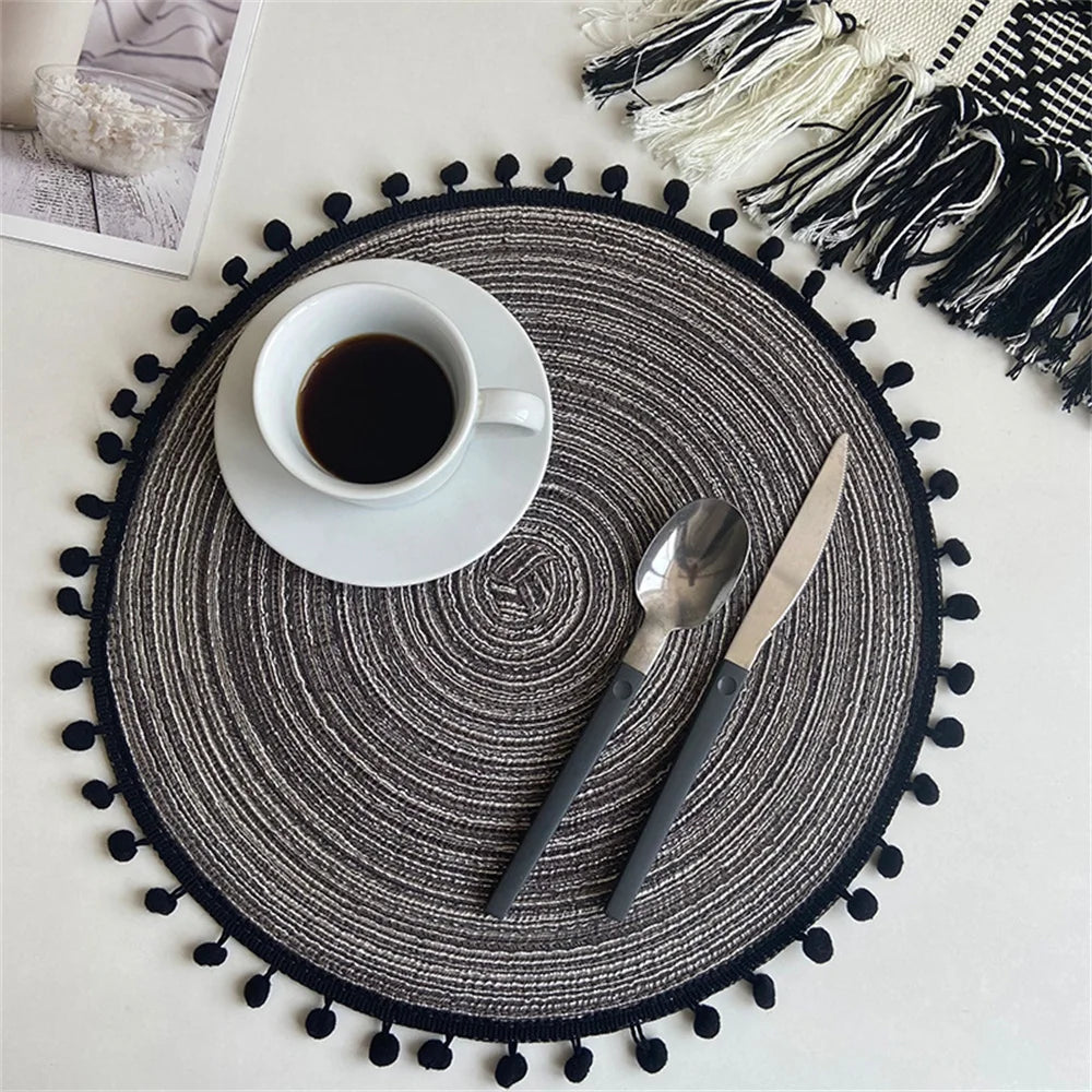 Hemasa Set of 4pcs Cotton Woven Rattan Heat-Resistant Tablemats with pom poms, Available in 7 colours