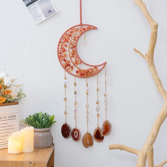 Crystals Gravel Agate Stones Tree of Life Hanging Ornaments for Home Natural Gemstone Moon Suncatcher Room Reiki Decoration