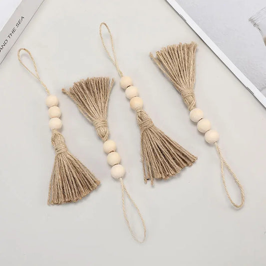 1pcs Tassel Fringe Jute Rope Tassels with 3 Wood Beads Hemp Burlap Tassels for DIY Craft Curtain Home Party Decorations