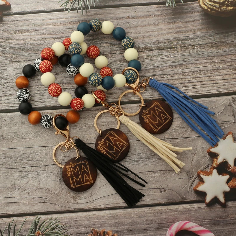 Hemasa Silicon Beads Wooden Disc Bracelet Tassel Keychain Wristlet Gift for Her Key Ring