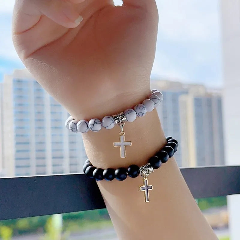 Couple Charm Natural Stone Bracelet Cross Black Lava Matte Beaded Bracelets Handmade Men Women Prayer Fitness Chain Jewelry Gift