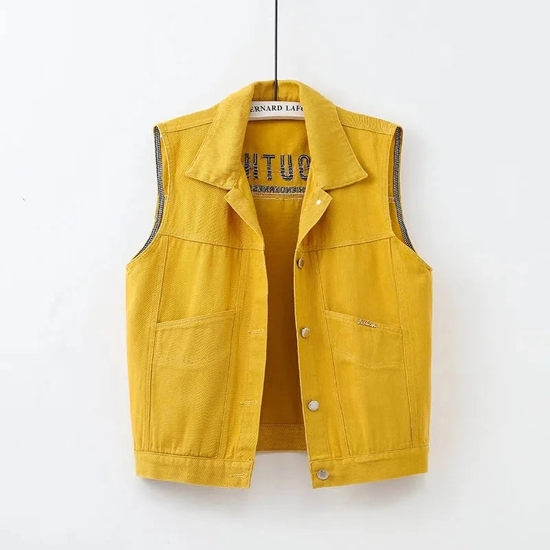 Hemasa New Colored Denim Vest Women Short Slim Embroidered Sleeveless Jacket Cardigan Tops Spring Pink Jeans Vest Female Waistcoat